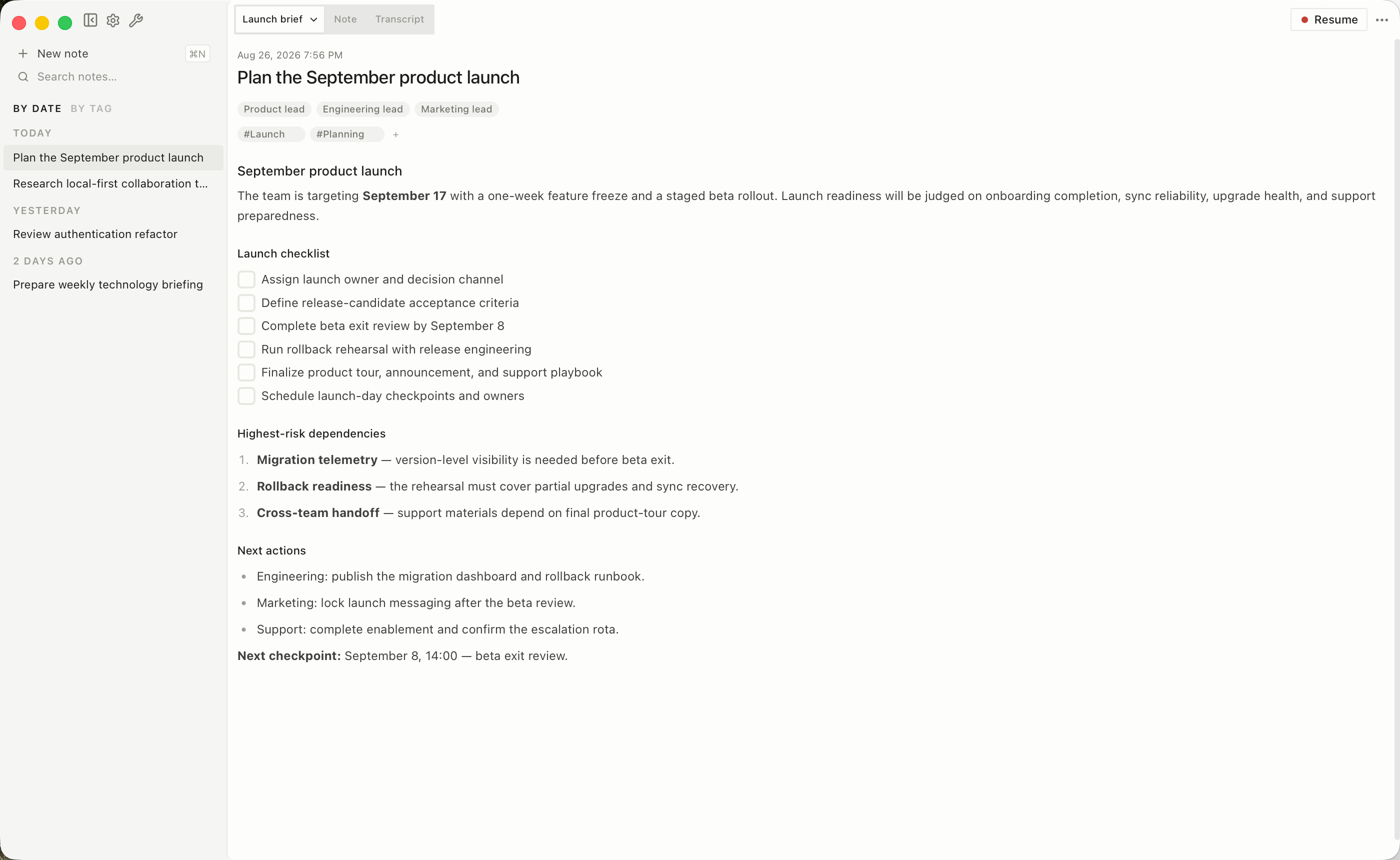 The Loofah desktop app with recent sessions and a meeting brief open in its local knowledge vault